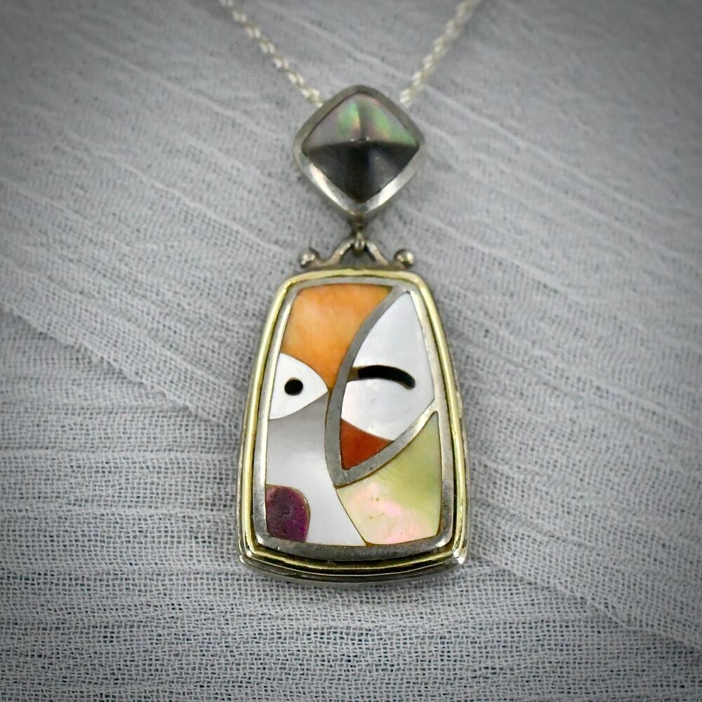 Asch Grossbardt Sterling Silver 18K Gold Inlay Mosaic Slide Pendant Necklace 925